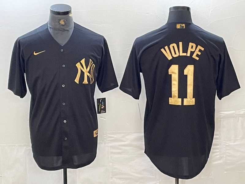 Men%27s New York Yankees #11 Anthony Volpe Black Gold Cool Base Stitched Jersey